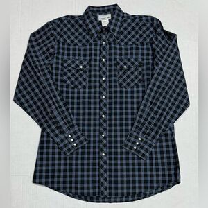 Wrangler Pearl Snap Shirt Mens XLT Black Blue Checked Western Wrancher Popper